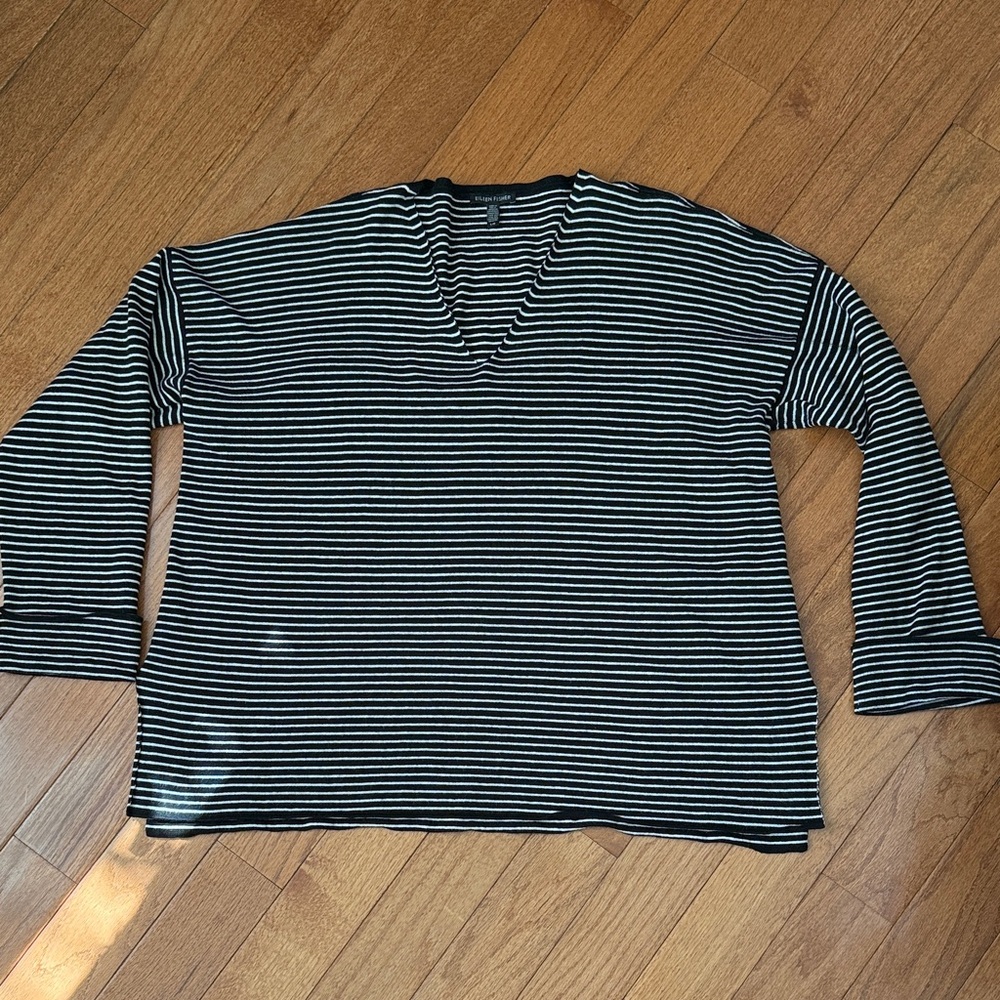 Eileen Fisher Black and White Striped V-Neck Top